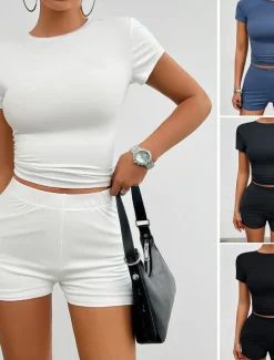 Women's Active Basic T Shirt Shorts Sets Short Sleeve Crew Neck Solid Color Casual Daily Dark Grey Black White Summer Slim