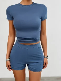 Women's Active Basic T Shirt Shorts Sets Short Sleeve Crew Neck Solid Color Casual Daily Dark Grey Black White Summer Slim