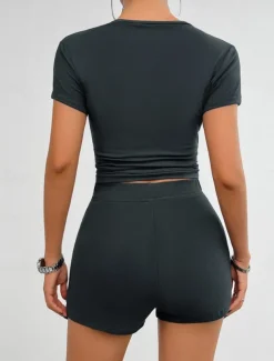 Women's Active Basic T Shirt Shorts Sets Short Sleeve Crew Neck Solid Color Casual Daily Dark Grey Black White Summer Slim