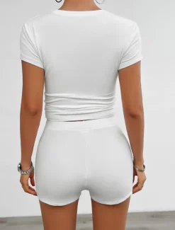 Women's Active Basic T Shirt Shorts Sets Short Sleeve Crew Neck Solid Color Casual Daily Dark Grey Black White Summer Slim