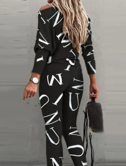 Women's Active Sports Shirt Pants Sets Pants Trousers Long Sleeve One Shoulder Letter Print Casual Daily Black White Pink Spring & Fall Regular Fit