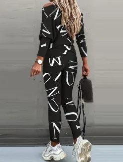 Women's Active Sports Shirt Pants Sets Pants Trousers Long Sleeve One Shoulder Letter Print Casual Daily Black White Pink Spring & Fall Regular Fit