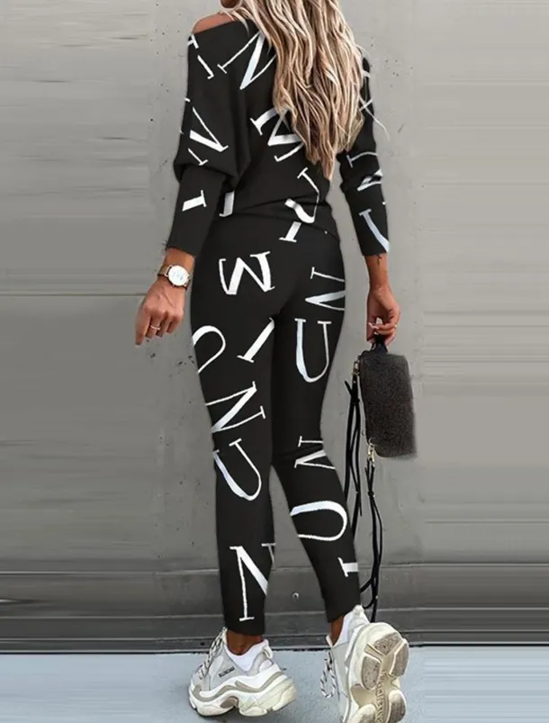 Women's Active Sports Shirt Pants Sets Pants Trousers Long Sleeve One Shoulder Letter Print Casual Daily Black White Pink Spring & Fall Regular Fit