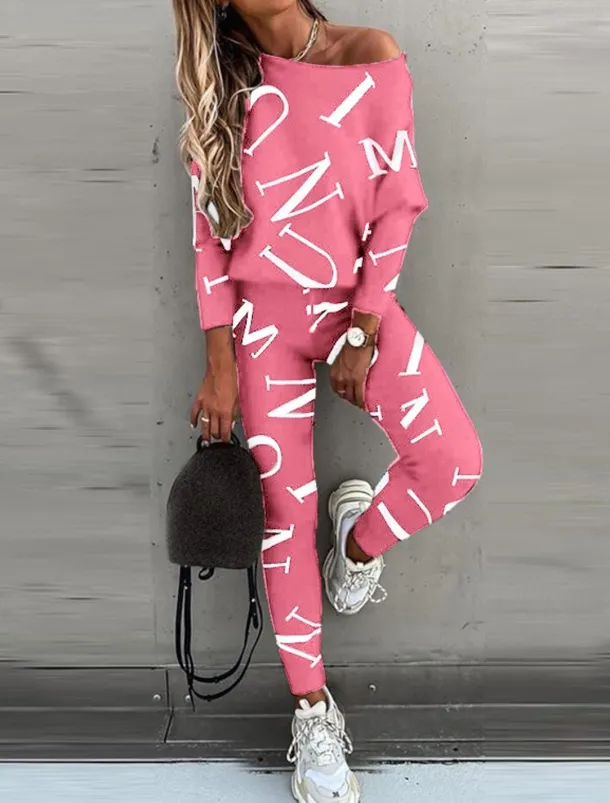 Women's Active Sports Shirt Pants Sets Pants Trousers Long Sleeve One Shoulder Letter Print Casual Daily Black White Pink Spring & Fall Regular Fit