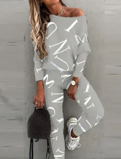 Women's Active Sports Shirt Pants Sets Pants Trousers Long Sleeve One Shoulder Letter Print Casual Daily Black White Pink Spring & Fall Regular Fit