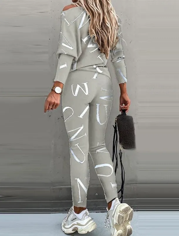 Women's Active Sports Shirt Pants Sets Pants Trousers Long Sleeve One Shoulder Letter Print Casual Daily Black White Pink Spring & Fall Regular Fit