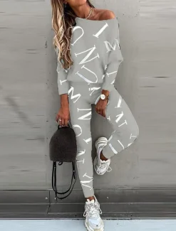 Women's Active Sports Shirt Pants Sets Pants Trousers Long Sleeve One Shoulder Letter Print Casual Daily Black White Pink Spring & Fall Regular Fit