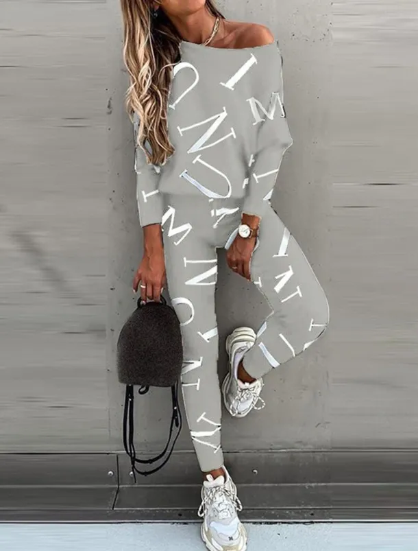 Women's Active Sports Shirt Pants Sets Pants Trousers Long Sleeve One Shoulder Letter Print Casual Daily Black White Pink Spring & Fall Regular Fit