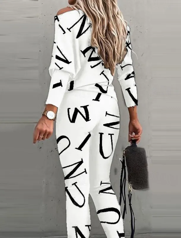 Women's Active Sports Shirt Pants Sets Pants Trousers Long Sleeve One Shoulder Letter Print Casual Daily Black White Pink Spring & Fall Regular Fit