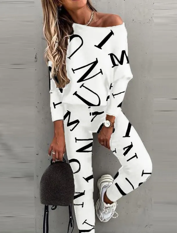 Women's Active Sports Shirt Pants Sets Pants Trousers Long Sleeve One Shoulder Letter Print Casual Daily Black White Pink Spring & Fall Regular Fit