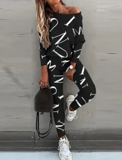 Women's Active Sports Shirt Pants Sets Pants Trousers Long Sleeve One Shoulder Letter Print Casual Daily Black White Pink Spring & Fall Regular Fit