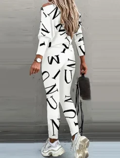 Women's Active Sports Shirt Pants Sets Pants Trousers Long Sleeve One Shoulder Letter Print Casual Daily Black White Pink Spring & Fall Regular Fit