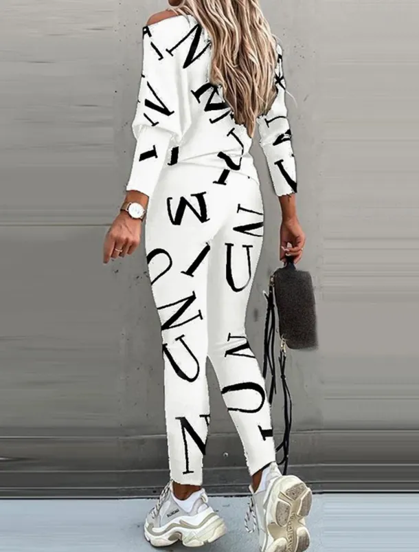 Women's Active Sports Shirt Pants Sets Pants Trousers Long Sleeve One Shoulder Letter Print Casual Daily Black White Pink Spring & Fall Regular Fit