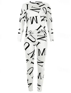 Women's Active Sports Shirt Pants Sets Pants Trousers Long Sleeve One Shoulder Letter Print Casual Daily Black White Pink Spring & Fall Regular Fit