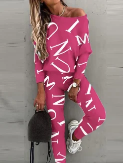 Women's Active Sports Shirt Pants Sets Pants Trousers Long Sleeve One Shoulder Letter Print Casual Daily Black White Pink Spring & Fall Regular Fit