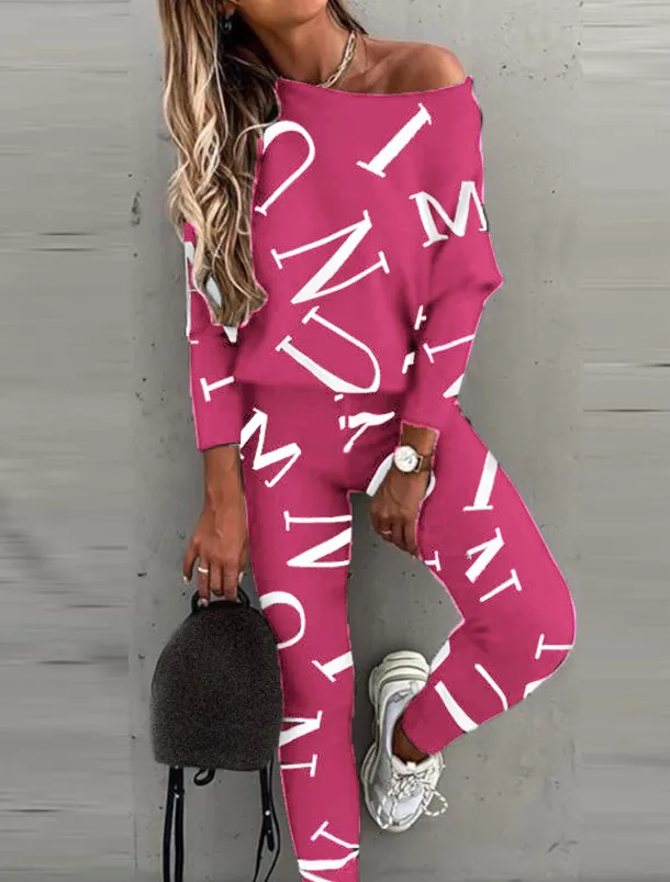 Women's Active Sports Shirt Pants Sets Pants Trousers Long Sleeve One Shoulder Letter Print Casual Daily Black White Pink Spring & Fall Regular Fit