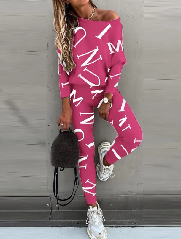 Women's Active Sports Shirt Pants Sets Pants Trousers Long Sleeve One Shoulder Letter Print Casual Daily Black White Pink Spring & Fall Regular Fit