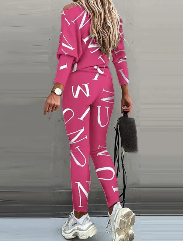 Women's Active Sports Shirt Pants Sets Pants Trousers Long Sleeve One Shoulder Letter Print Casual Daily Black White Pink Spring & Fall Regular Fit