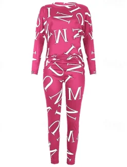 Women's Active Sports Shirt Pants Sets Pants Trousers Long Sleeve One Shoulder Letter Print Casual Daily Black White Pink Spring & Fall Regular Fit