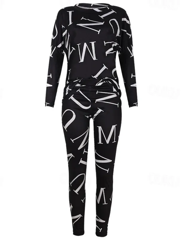 Women's Active Sports Shirt Pants Sets Pants Trousers Long Sleeve One Shoulder Letter Print Casual Daily Black White Pink Spring & Fall Regular Fit