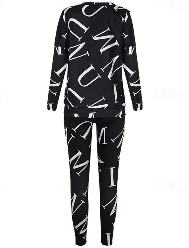 Women's Active Sports Shirt Pants Sets Pants Trousers Long Sleeve One Shoulder Letter Print Casual Daily Black White Pink Spring & Fall Regular Fit