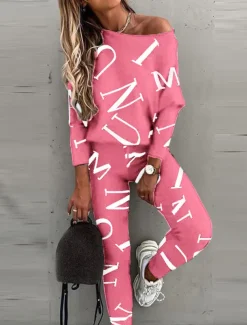 Women's Active Sports Shirt Pants Sets Pants Trousers Long Sleeve One Shoulder Letter Print Casual Daily Black White Pink Spring & Fall Regular Fit