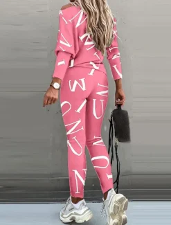 Women's Active Sports Shirt Pants Sets Pants Trousers Long Sleeve One Shoulder Letter Print Casual Daily Black White Pink Spring & Fall Regular Fit