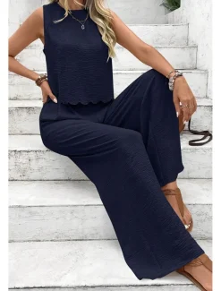 Women's Active Streetwear Blouse Pants Sets Sleeveless Crew Neck Solid Color Backless Going out Weekend Black Dark Navy Orange Summer Regular Fit