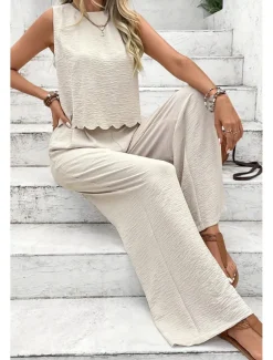 Women's Active Streetwear Blouse Pants Sets Sleeveless Crew Neck Solid Color Backless Going out Weekend Black Dark Navy Orange Summer Regular Fit