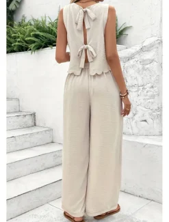 Women's Active Streetwear Blouse Pants Sets Sleeveless Crew Neck Solid Color Backless Going out Weekend Black Dark Navy Orange Summer Regular Fit