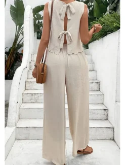 Women's Active Streetwear Blouse Pants Sets Sleeveless Crew Neck Solid Color Backless Going out Weekend Black Dark Navy Orange Summer Regular Fit