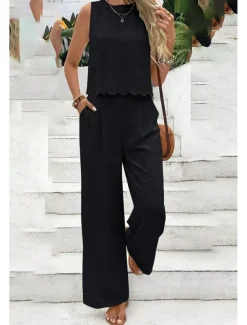 Women's Active Streetwear Blouse Pants Sets Sleeveless Crew Neck Solid Color Backless Going out Weekend Black Dark Navy Orange Summer Regular Fit