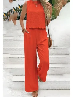 Women's Active Streetwear Blouse Pants Sets Sleeveless Crew Neck Solid Color Backless Going out Weekend Black Dark Navy Orange Summer Regular Fit