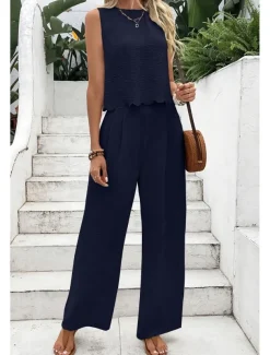 Women's Active Streetwear Blouse Pants Sets Sleeveless Crew Neck Solid Color Backless Going out Weekend Black Dark Navy Orange Summer Regular Fit