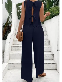 Women's Active Streetwear Blouse Pants Sets Sleeveless Crew Neck Solid Color Backless Going out Weekend Black Dark Navy Orange Summer Regular Fit