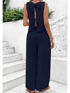 Women's Active Streetwear Blouse Pants Sets Sleeveless Crew Neck Solid Color Backless Going out Weekend Black Dark Navy Orange Summer Regular Fit