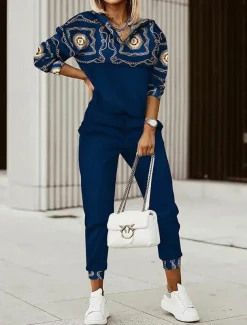 Women's Active Streetwear Boho Tracksuit Pants Sets Sweatshirt Long Sleeve Hooded Graphic Print Sports Outdoor Casual Blue Fall & Winter Regular Fit