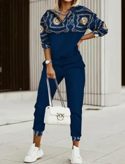 Women's Active Streetwear Boho Tracksuit Pants Sets Sweatshirt Long Sleeve Hooded Graphic Print Sports Outdoor Casual Blue Fall & Winter Regular Fit