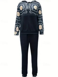 Women's Active Streetwear Boho Tracksuit Pants Sets Sweatshirt Long Sleeve Hooded Graphic Print Sports Outdoor Casual Blue Fall & Winter Regular Fit