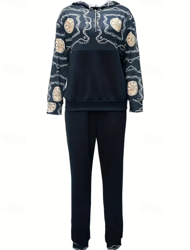 Women's Active Streetwear Boho Tracksuit Pants Sets Sweatshirt Long Sleeve Hooded Graphic Print Sports Outdoor Casual Blue Fall & Winter Regular Fit