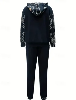 Women's Active Streetwear Boho Tracksuit Pants Sets Sweatshirt Long Sleeve Hooded Graphic Print Sports Outdoor Casual Blue Fall & Winter Regular Fit