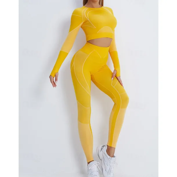 Women's Activewear Set Workout Sets Winter 2 Piece Cropped Stripes Leggings Crop Top Yellow Pink Spandex Yoga Fitness Gym Workout Tummy Control Butt Lift Breathable Sport Activewear Stretchy