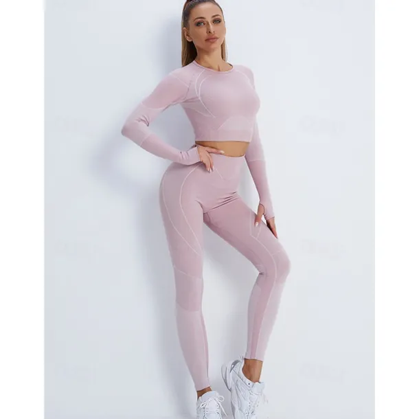 Women's Activewear Set Workout Sets Winter 2 Piece Cropped Stripes Leggings Crop Top Yellow Pink Spandex Yoga Fitness Gym Workout Tummy Control Butt Lift Breathable Sport Activewear Stretchy