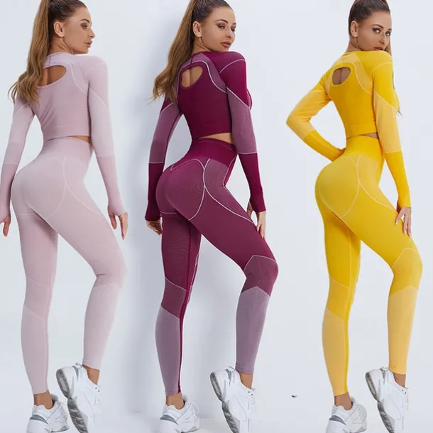 Women's Activewear Set Workout Sets Winter 2 Piece Cropped Stripes Leggings Crop Top Yellow Pink Spandex Yoga Fitness Gym Workout Tummy Control Butt Lift Breathable Sport Activewear Stretchy