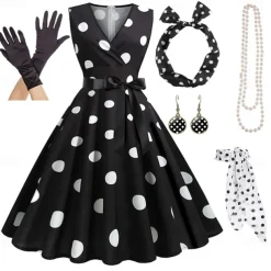 Women's A-Line Rockabilly Dress Polka Dots Swing Dress Flare Dress with Accessories Set 1950s Grease Outfits 60s Retro Vintage with Headband Chiffon Scarf Earrings Pearl Necklace Gloves