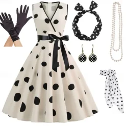 Women's A-Line Rockabilly Dress Polka Dots Swing Dress Flare Dress with Accessories Set 1950s Grease Outfits 60s Retro Vintage with Headband Chiffon Scarf Earrings Pearl Necklace Gloves