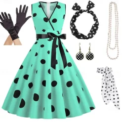 Women's A-Line Rockabilly Dress Polka Dots Swing Dress Flare Dress with Accessories Set 1950s Grease Outfits 60s Retro Vintage with Headband Chiffon Scarf Earrings Pearl Necklace Gloves