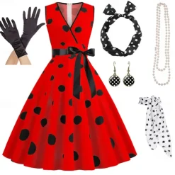 Women's A-Line Rockabilly Dress Polka Dots Swing Dress Flare Dress with Accessories Set 1950s Grease Outfits 60s Retro Vintage with Headband Chiffon Scarf Earrings Pearl Necklace Gloves