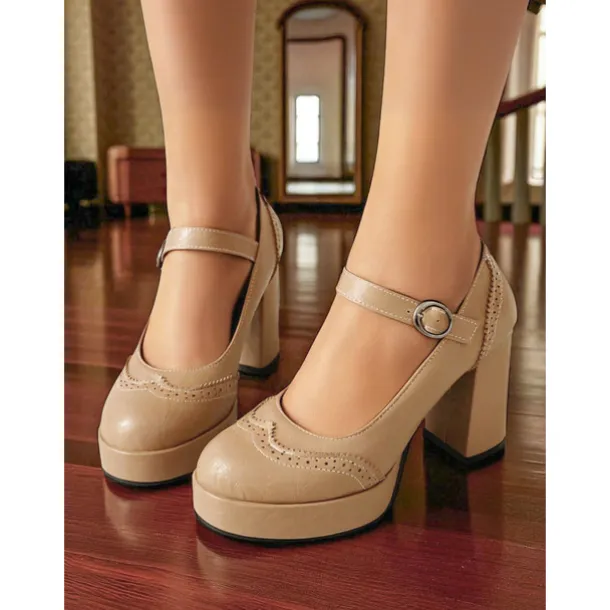 Women's Apricot Mary Jane Platform Pumps - 1950s Retro Chunky Heel Shoes with Brogue Detailing and Adjustable Strap for Office, Tea Parties, and Daily Wear