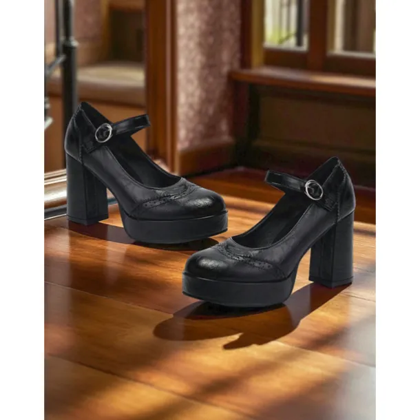 Women's Apricot Mary Jane Platform Pumps - 1950s Retro Chunky Heel Shoes with Brogue Detailing and Adjustable Strap for Office, Tea Parties, and Daily Wear
